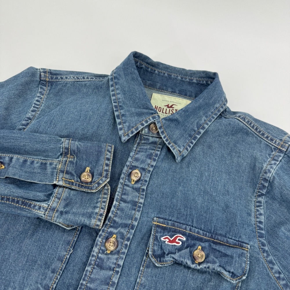 Hollister Mens Denim Shirt Long Sleeve Blue Button Up Medium Y2k Western